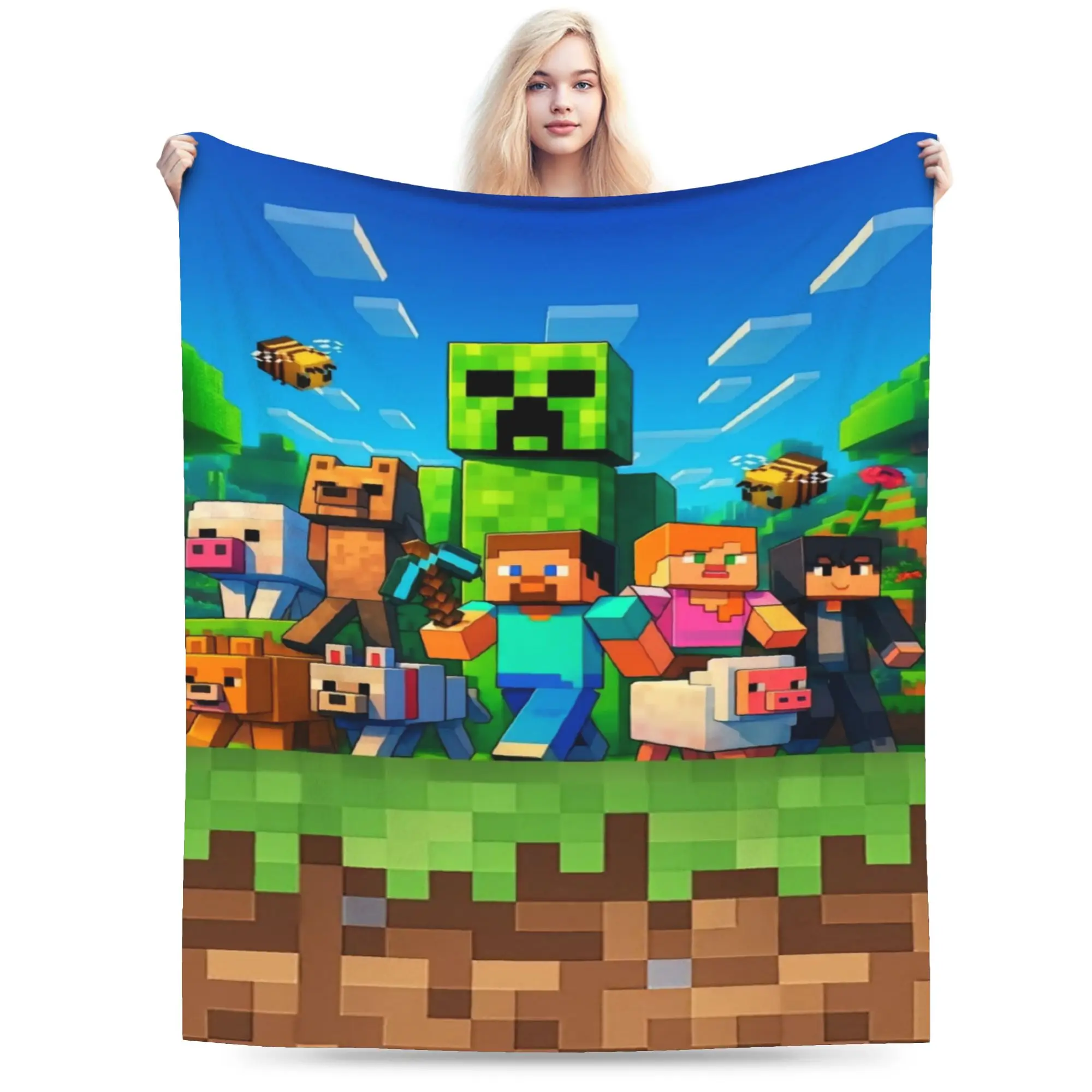 M-Minecrafts Grassland Trip Blankets  Warm Pattern Plush Throw Blanket For Bedroom Camping Flannel Bedspread Bed Cover