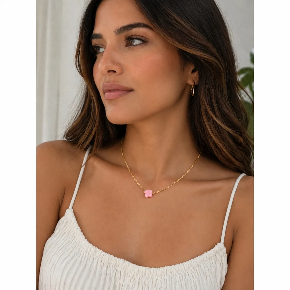 1pc Stainless Steel Pink Flower Pendant Necklace Gold Color Link Chain Lobster Clasp 42cm with 5cm Extender Party