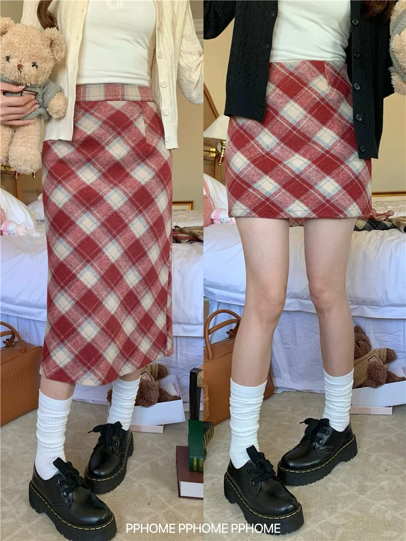 

Winter Women Plaid Wool Skirts Bodycon High Waist A-Line Pleated Tartan Midi Long Mini Skirt y2k vintage jk uniform japan korean