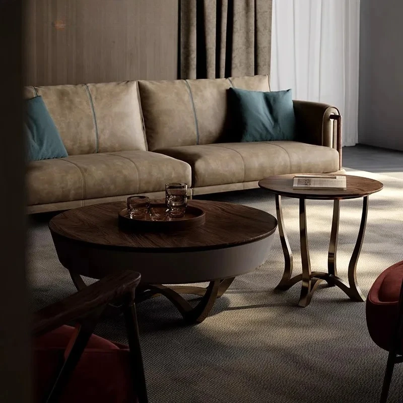 

light luxury walnut coffee table villa living room household high-end size round coffee table
