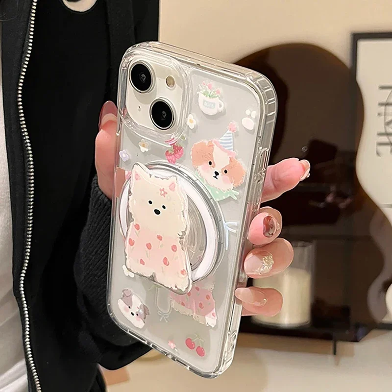 Cute Dog Flower Magsafe Case For iPhone 16 15 14 Pro Max 11 12 13 Pro XS Max X XR 7 8 Plus Magnetic Stand Holder PC Clear Cover