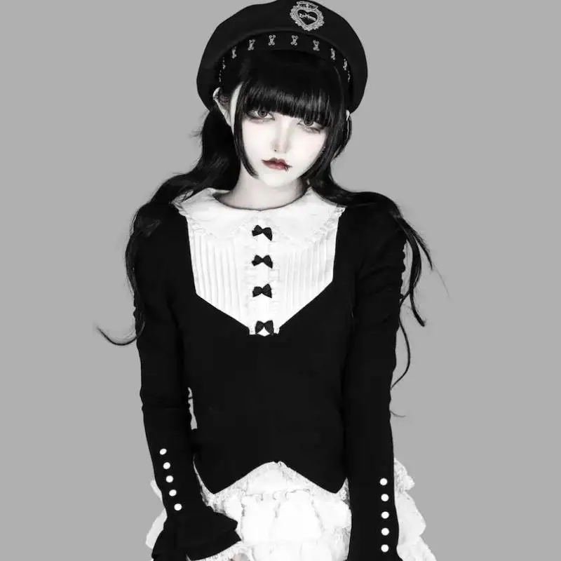 tenue-gothique-jirai-kei-pour-femmes-col-peter-pan-en-dentelle-blanche-nœud-manches-longues-evasees-haut-court-style-lolita-sombre-vetements-harajuku