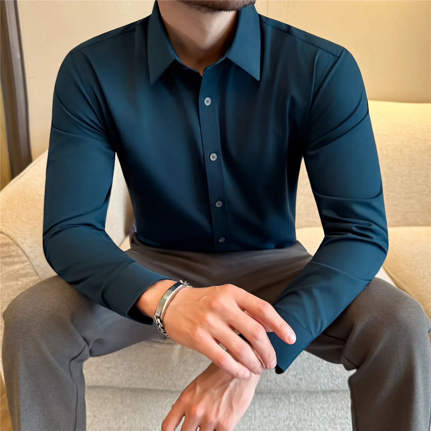 

Мужские рубашки из 3% шелка тутового шелкопряда и 42% бамбукового волокна, однотонные, высокого качества, для делового и формального стиля, приталенный крой, смокинг, размер 3XL