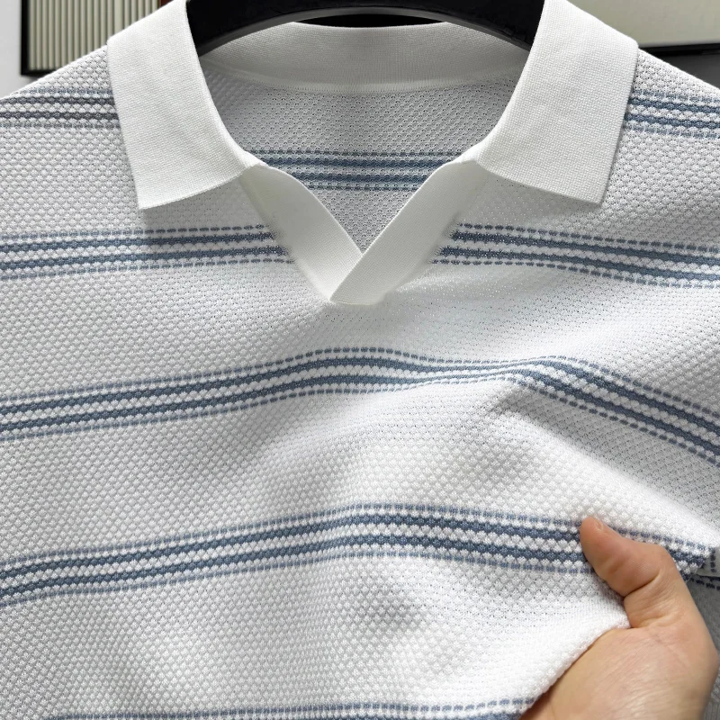 

Летняя комфортная мужская футболка из шелкового трикотажа с дышащим эффектом, узором из сосен и полосками, для делового и повседневного стиля