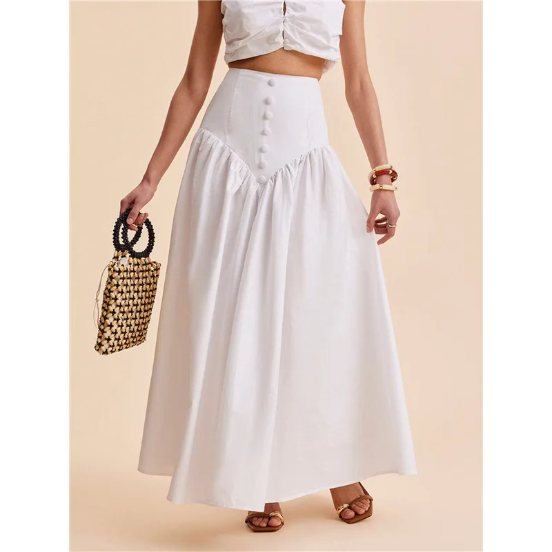 Abrt-feminino estilo francês costura branca abotoada cintura alta maxi saia plissada fluindo maxi saia de cintura alta maxi saia