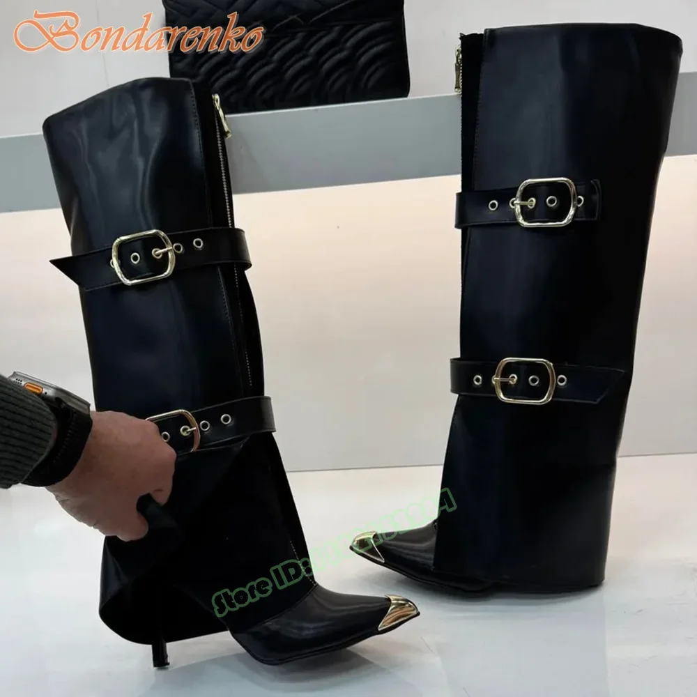 Metal Pointy Toe Boots Buckles Straps Zipper Trouser Boots Stiletto Heels Knee High Women Sexy Shoes New Spring Leather Cut Outs