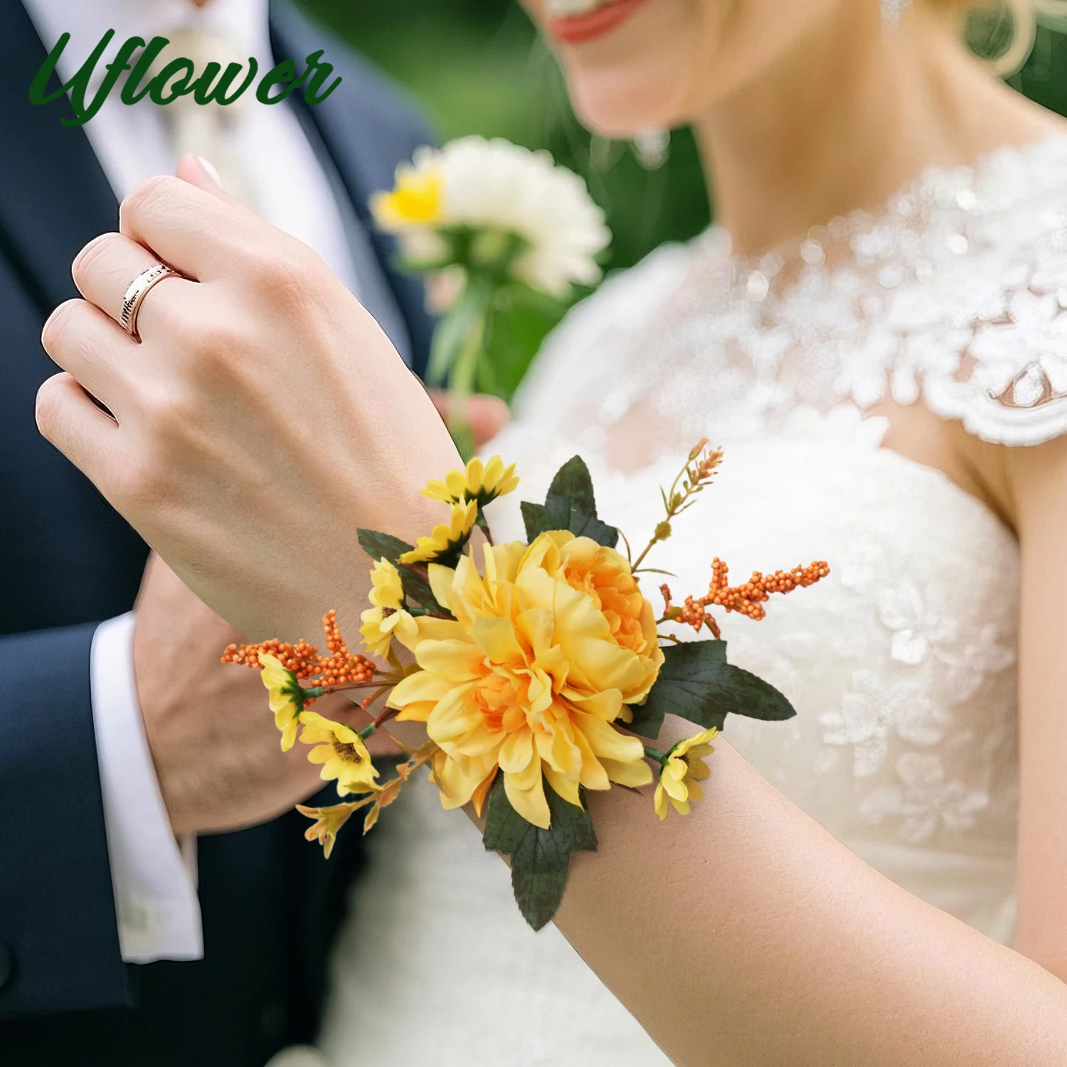 Uflower 노란색 신부 손목 코사지, 소녀, 홈 커밍, 결혼식, 기념일을위한 어머니 코사지 팔찌 장식