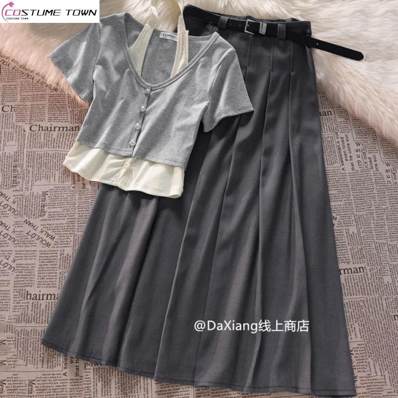 

Korean Pure Desire Style Set Spicy Girl Imitation Two piece Top Short Sleeve T-shirt+Long pleated Skirt Two piece Set