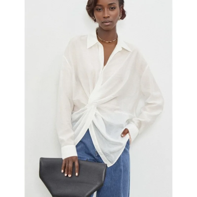 

Women's Twist Front Long Sleeve Blouse Oversized Collared Asymmetrical Hem Casual Summer Top