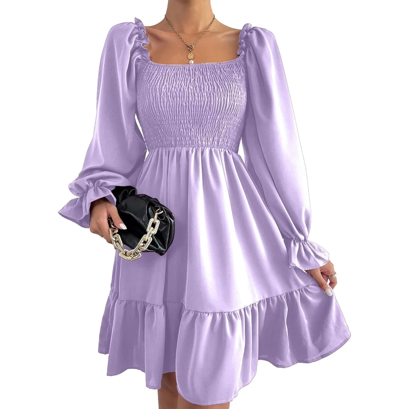 Abito da donna con maniche a sbuffo e collo quadrato, mini abito babydoll casual con linea svasata e orlo arricciato