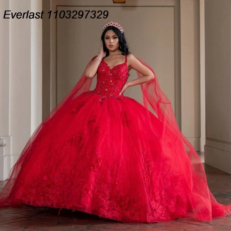 

EVLAST Customized Red Quinceanera Dress Ball Gown Lace Applique Sequins Beading Cape Corset Sweet 15 Vestido De 15 Anos TQD566