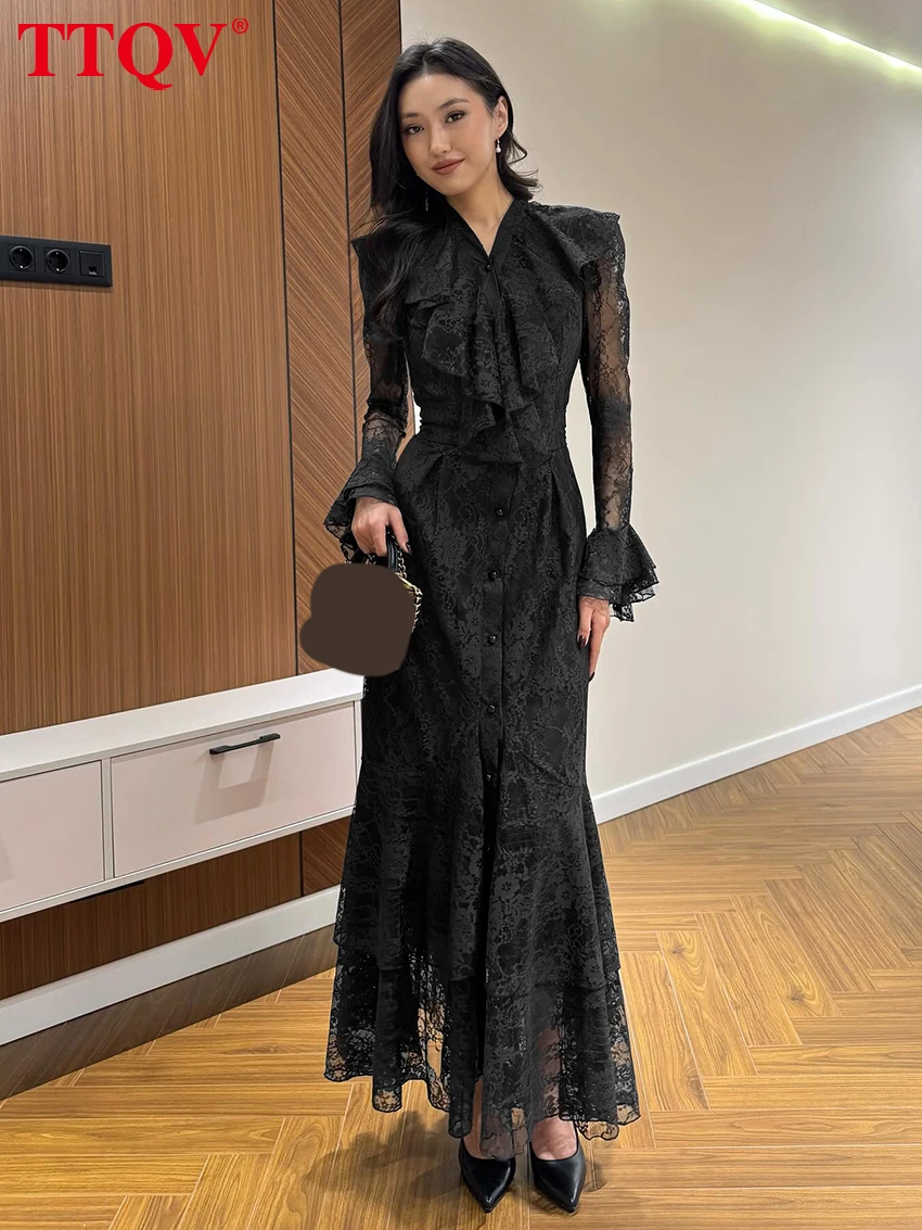 

TTQV Fashion Loose Black Lace Women's Dress 2026 Spring V-Neck Long Sleeve Ankle Length Dresses Elegant Classic Female Dress