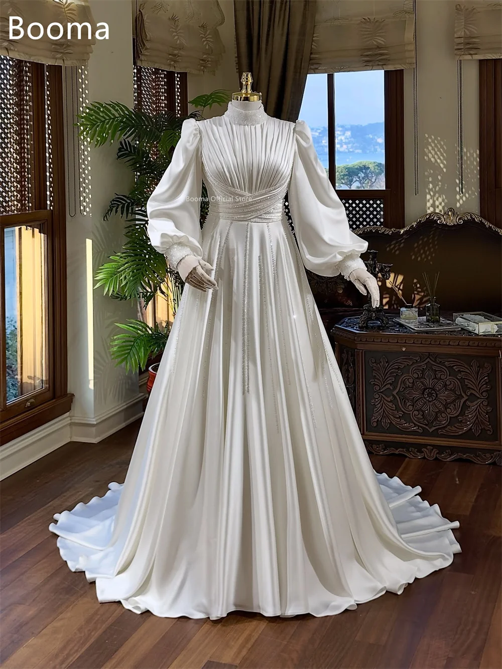 Booma فساتين زفاف أنيقة على شكل حرف a بطيات كريستالية لامعة وأكمام طويلة فستان عرائس بسيط مصنوع حسب الطلب 2025