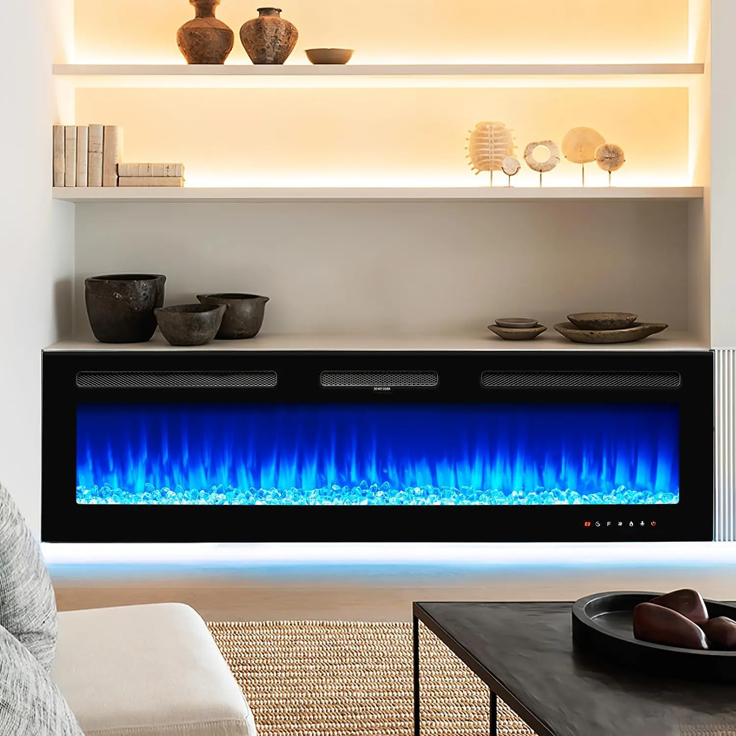 oneinmil Electric Fireplace, 60 inch Wide Recessed and Wall Mounted Electric Fireplace, 750W/1500W, 12 Color Flame, Remote Contr