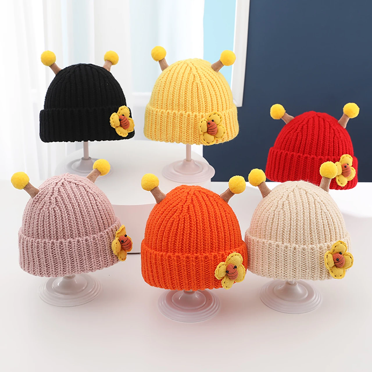 

Cute Bee Beanie for Baby Pullover Cap Winter Children Knitted Hat Solid Color Woolen Crochet Bonnet 0-1Year Newborn Warm Caps