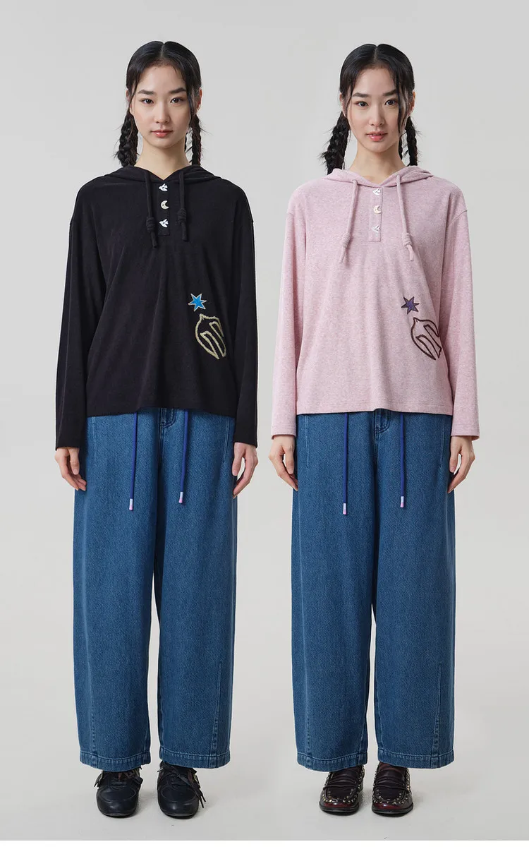 MOVEUP Hooded Drawstring Pullover 2026 Autumn Bird‑Shaped Buttons Embroidery Sweatshirts Loose Long Sleeve Casual Top 3ELQ10567