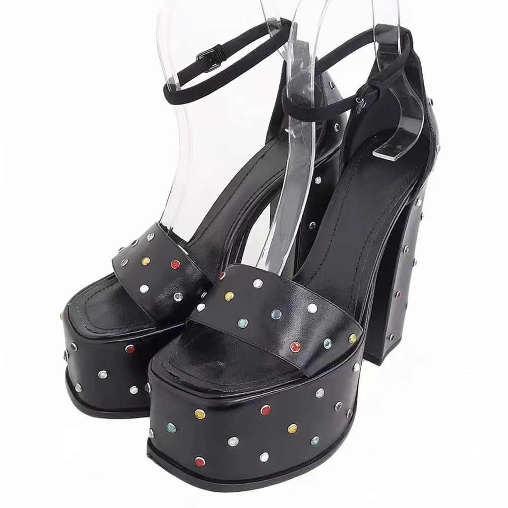 

Fashion Black Leather Platform Sandals Chunky Block Heel Ankle Strap Multicolored Gem Studs Simple Casual Style Women's Shoes