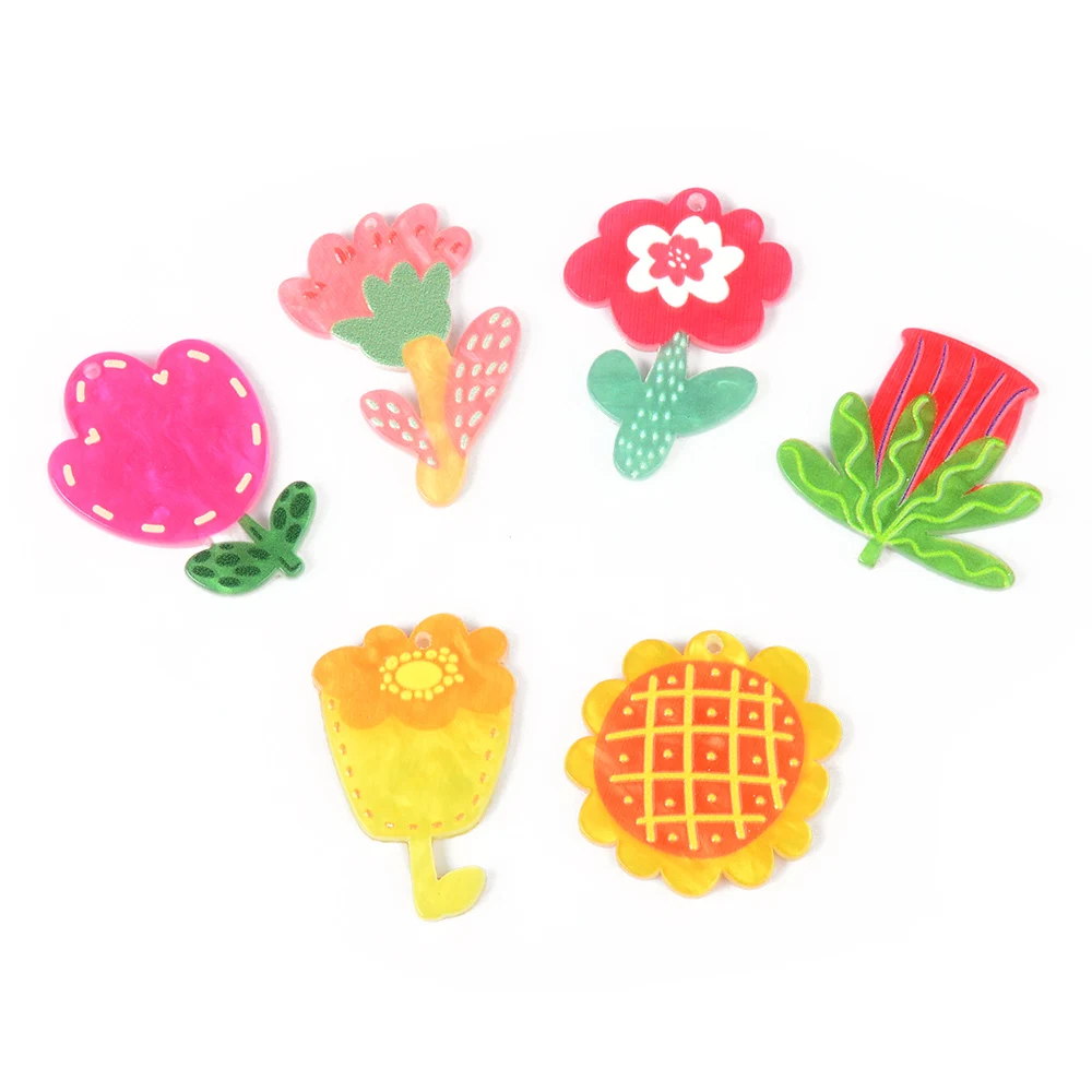 6Pc Colorful Flower Shape Acrylic Preserved Fresh Hibiscus Flower Charms Natural Daisy Petal Specimen Pendant for Jewelry Making