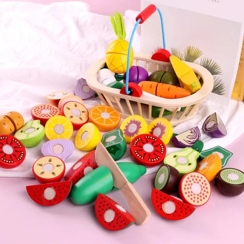 Wooden Magnetic Cutting Fruit Vegetables Simulation Set Kitchen Role Play Accessory With Storage Basket For Imitation Game Scene