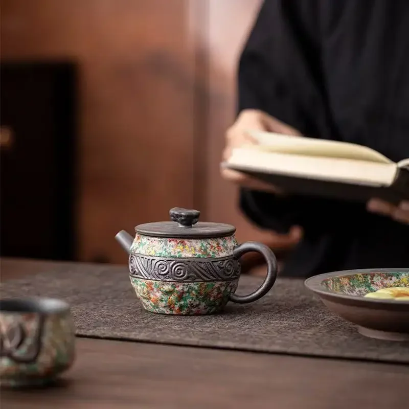 225ML Rock Painting Time Lake Stone Pot Bubble Teapot Retro Ceramic Tea Kettle Kung Fu Tea Set Gift Tea Ceremony Craft Ornaments