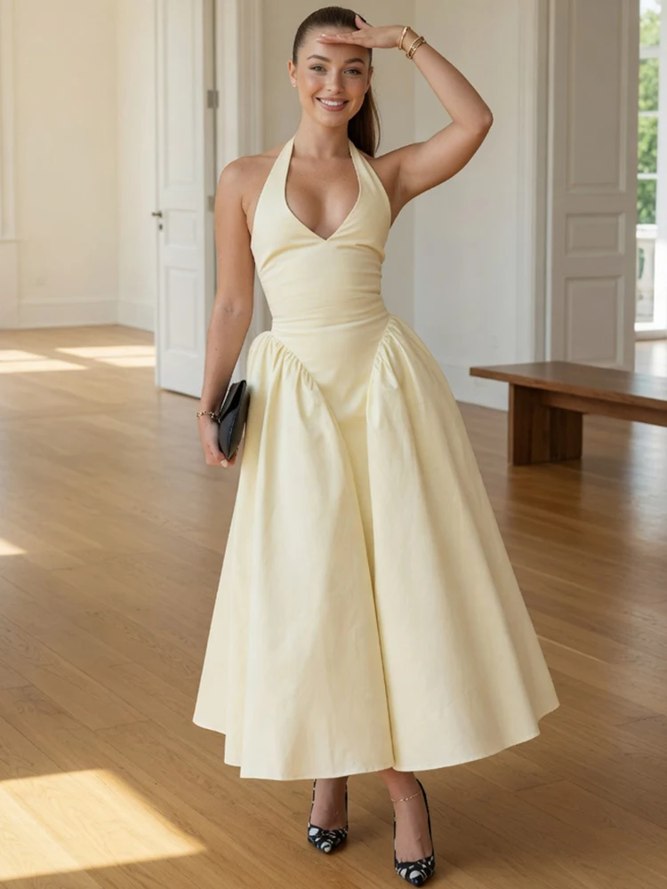 Elegantes Midikleid für Damen, einfarbig, tiefer V-Ausschnitt, rückenfrei, A-Linie, Swing-Kleid, Sommer, Streetwear, Freizeit, Party, Abendkleid 2026