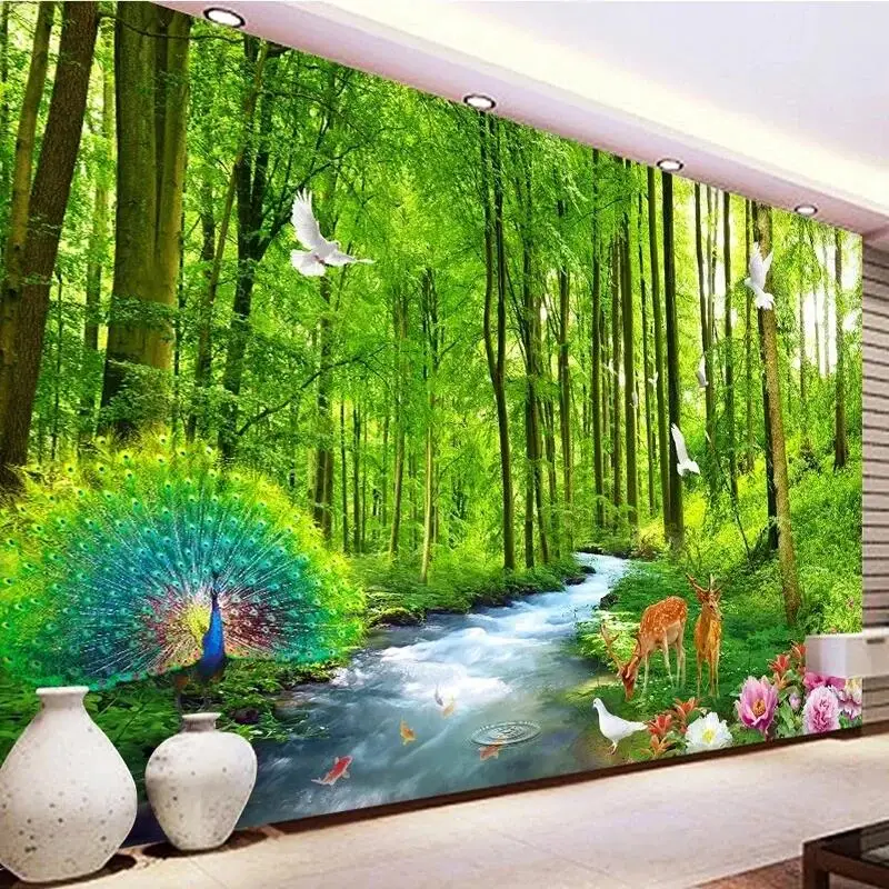 

Индивидуальные 3D-обои с пейзажем: лес, деревья, животные. Декоративный фон для гостиной, спальни, стены за телевизором или диваном.