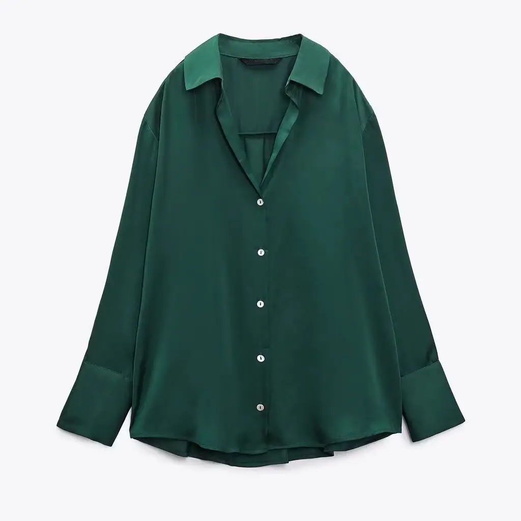 

Autumn 2024 Women's Loose Fit Silk Satin Drapey irt Slimming Effect Commute Sle Long Sve Collar Regular Length