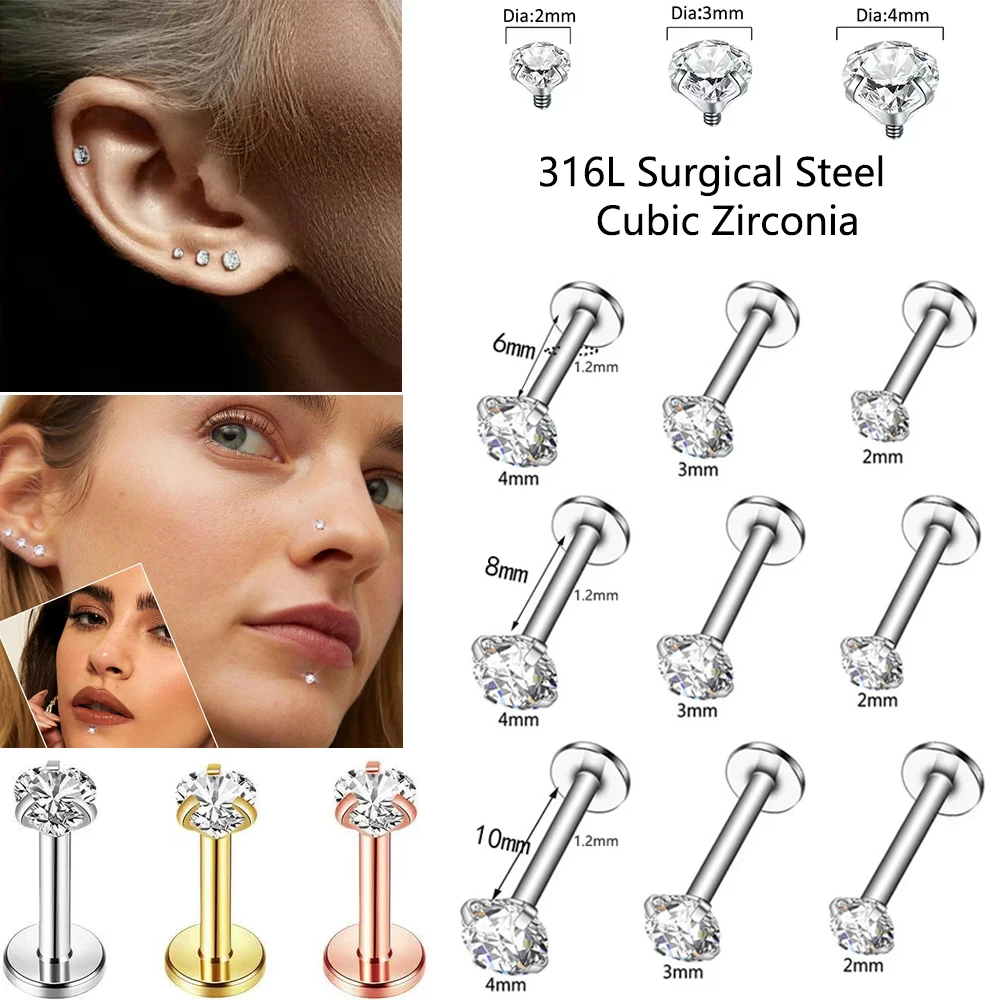 2/3/4 mm/juego de Piercing de nariz hipoalergénico de acero quirúrgico Unisex Zirconia cúbica labio pendientes cartílago Tragus Piercing joyería