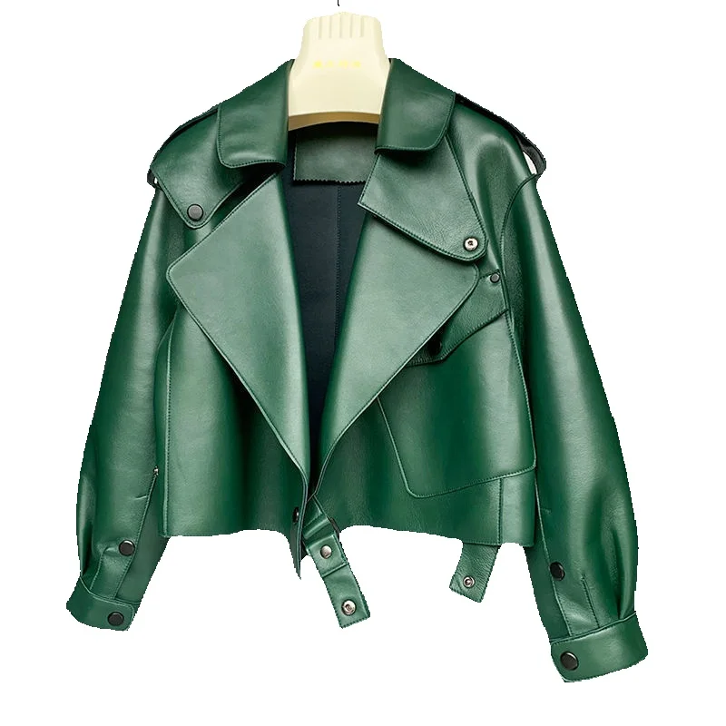 

New Sheepskin Women's Genuine Leather Women's Versatile Short Korean Loose Motorcycle Jacket Blue Fashion Coat