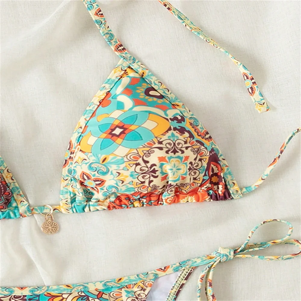 Sexy Boho Stampa Bikini Halter String Backless Lace Up Y2K Costume da bagno Costumi da bagno Vacanza Outfit Costume da bagno Donna Beach Bikini Set