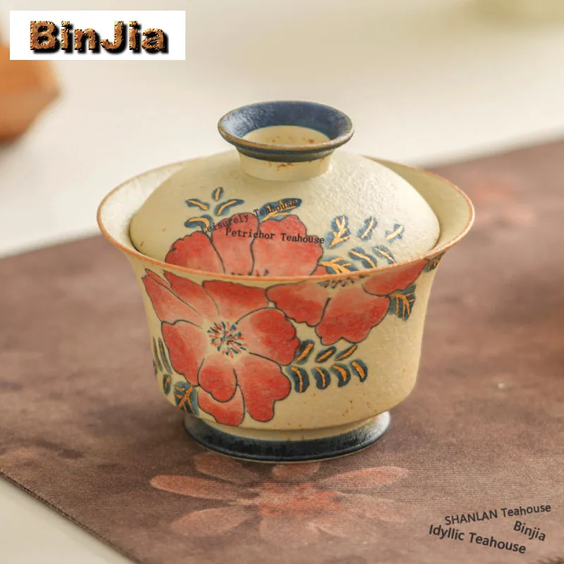 

220ml Hand-painted Camellia Gaiwan Antique Tea Tureen Tea Bowl With Lid Kit Tea Making Cover Bowl Cha Accessories Collection