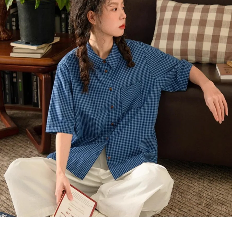

2026 Summer New Plaid Shirt For Women, Lightweight Casual Top, Turn-down Collar Pure Cotton Shirt