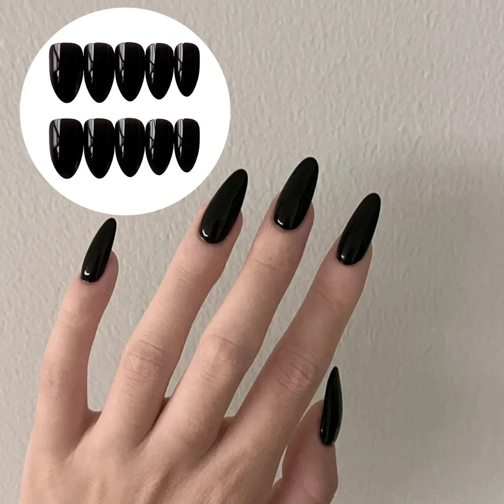 

24 шт., миндалевидные черные накладные ногти Spicy Girls Press On Nails, круглые кончики, однотонные искусственные ногти, многоразовые клейкие накладные ногти