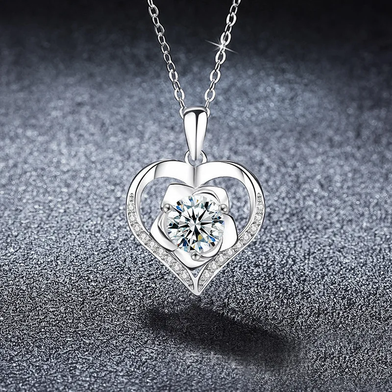 

1CT D Color Moissanite Rose Heart Pendant Necklace for Women, S925 Sterling Silver Plated White Gold