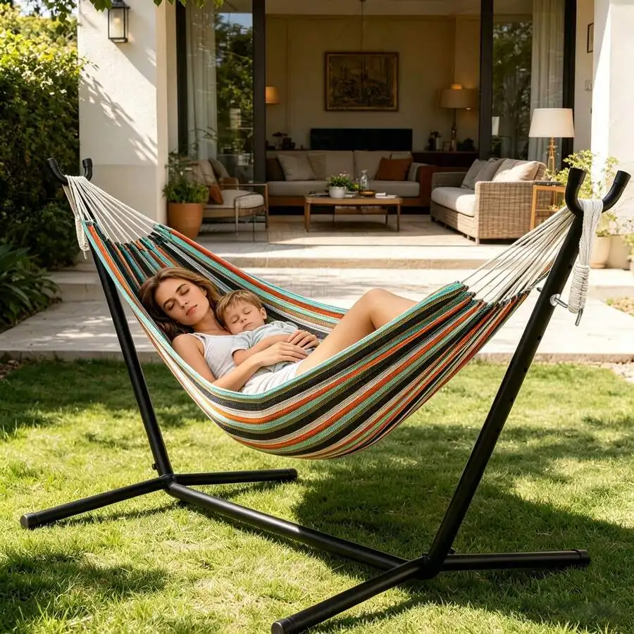 Camping 2-Person Hammock 600LBS, Portable Steel Stand Set For Outdoor Lawn Terrace, Blue & Black Stripe