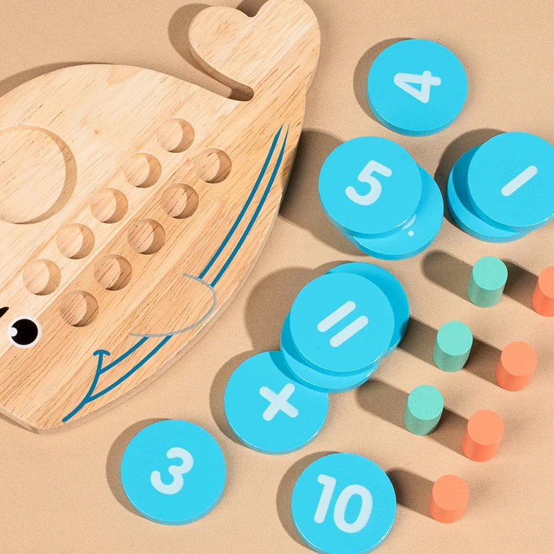 Tablero de números de madera para niños, contador de diez dígitos en forma de ballena, juego de correspondencia cognitiva, operación de resta y suma, juguetes de matemáticas