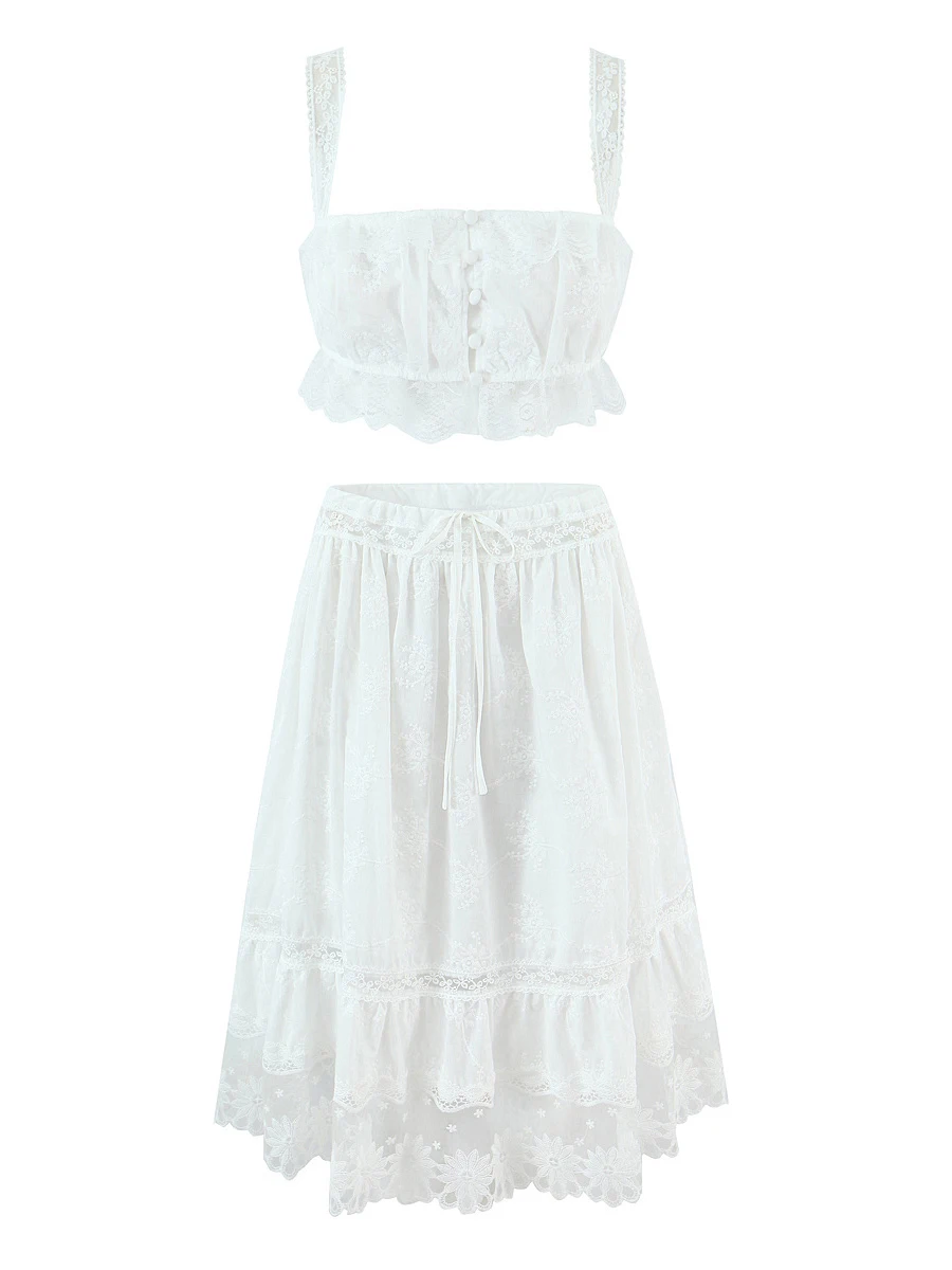 TWOTWINSTYLE Bohemian Chic Style White Two Piece Set for Women Lace Crop Top High Waist Ruffled Tiered Skirt for Beach Vacations view 4