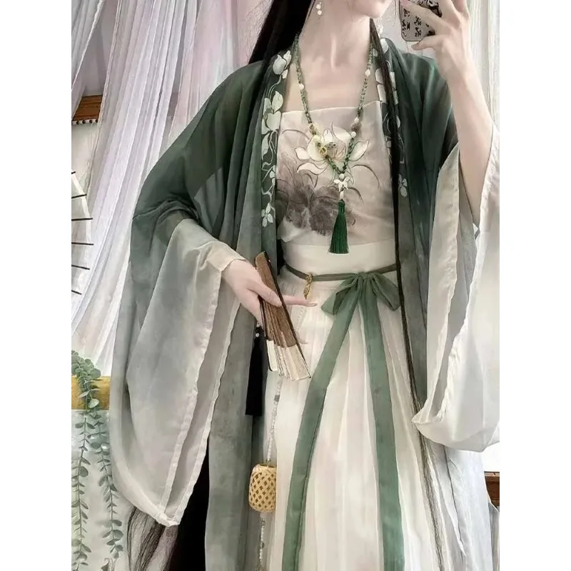 

Women's Song Dynasty Hanfu Dress - Green&Blue Gradient Three-Piece Set with Ink Floral Print Traditional Chinese Costume