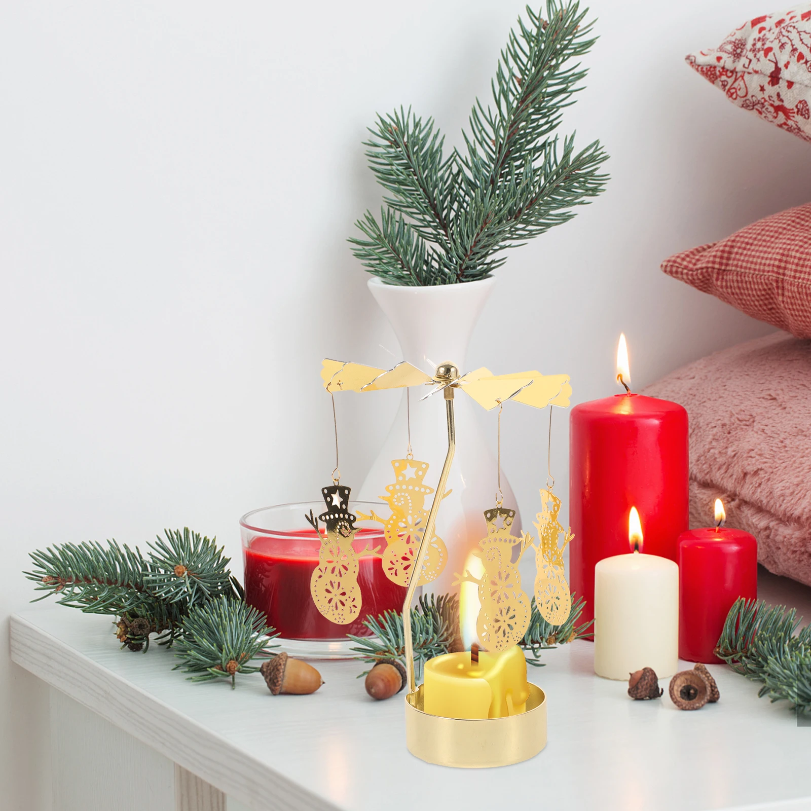 

Spinning Carousel Holder Snowman Design Metal Rotary Stand Desktop Christmas Party Decor Rotating Candlestick