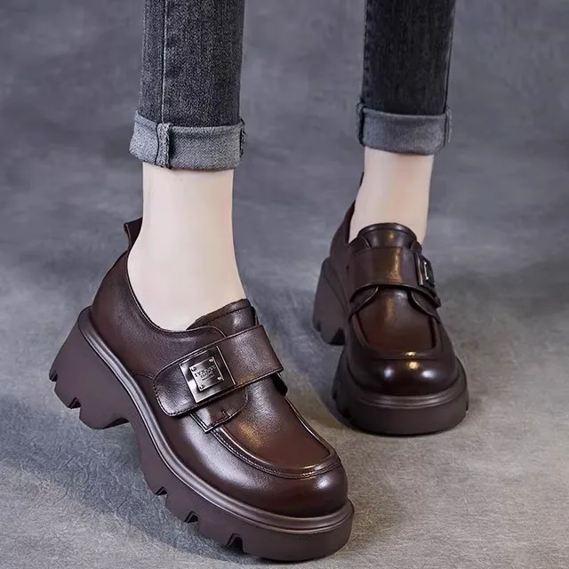 

Women's Thick Heel Loafers High Heels Real Leather Magic Tape Single Shoes round Toe Rubber Sole Fashionable Footwear
