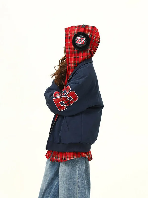 

plus Size Women's Retro American Sle Plaid Hooded Thiened Winter Cotton Jaet Fake Two-Piece Bread Coat Commute Loose Fit