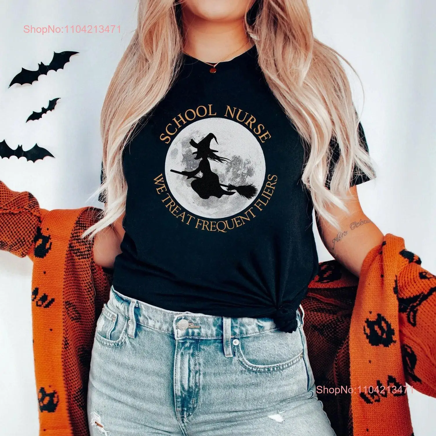 Halloween School Nurse T Shirt Frequent Fliers Witch Nursing Rn Spooky Fall Autumn Elementary High long or short sleeves