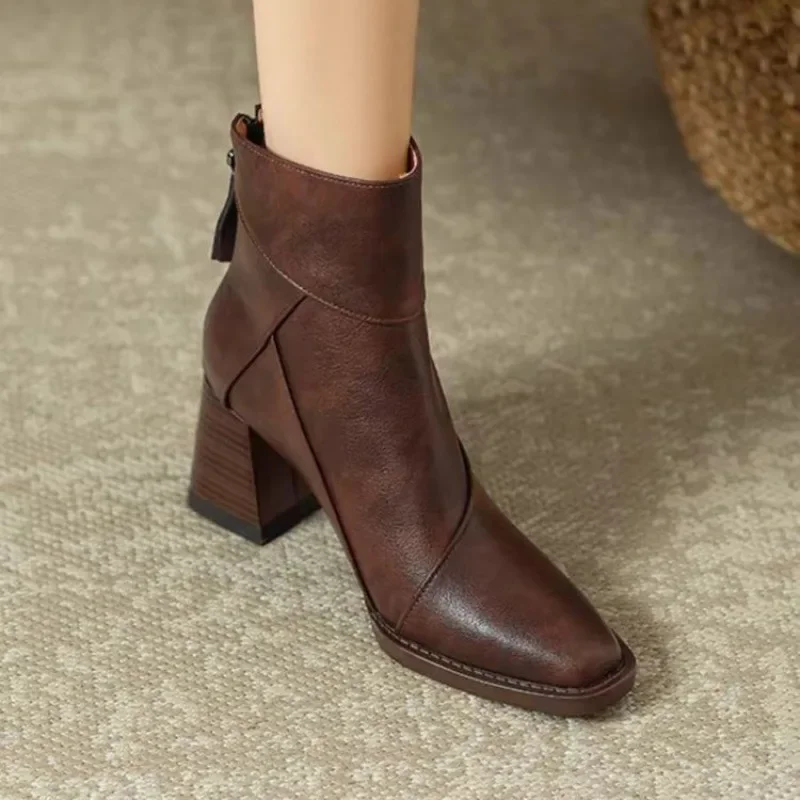 2024 Hot Selling Fashion Square Toe Women's Boots Solid Color Thick Heel Spring Autumn Naked Boots Zipper Decoration