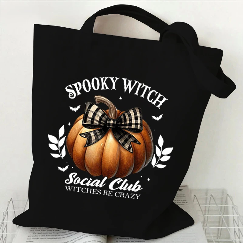 Borse stampate con fantasma di zucca di Halloween Borsa tote in tela con grafica divertente di zucca da donna Borsa a tracolla per lo shopping di