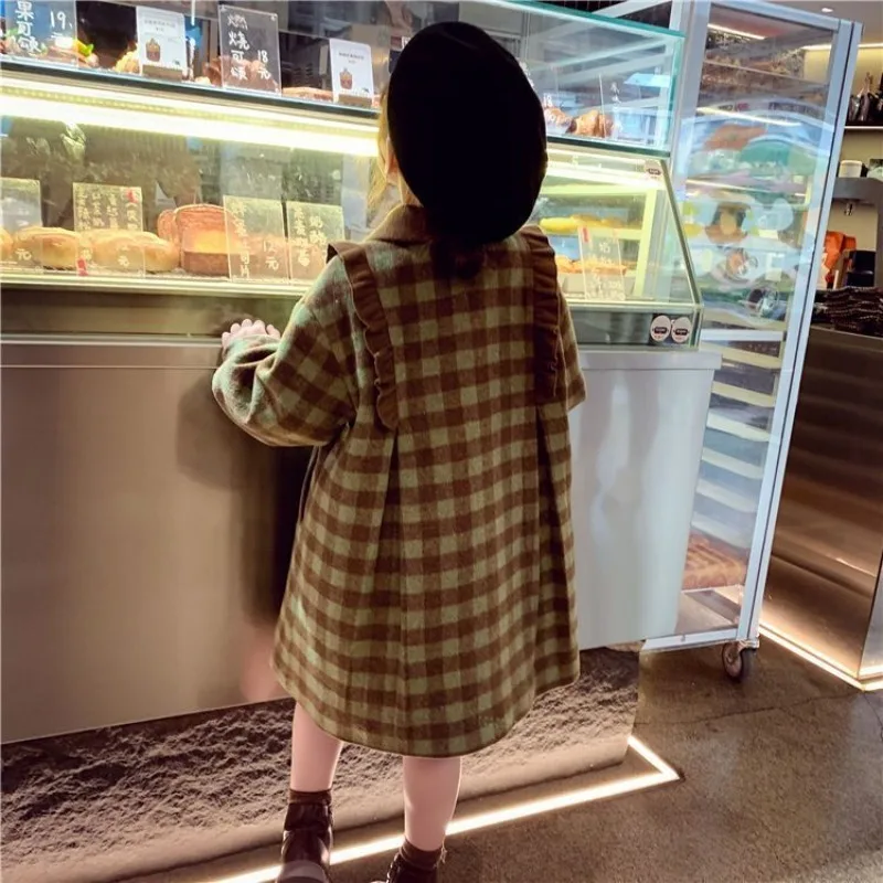 Girls' Woolen Coat Retro Plaid Loose and Sweet Children's Thick Cotton Fashion Coat 2025 Autumn and Winter Children's Clothing