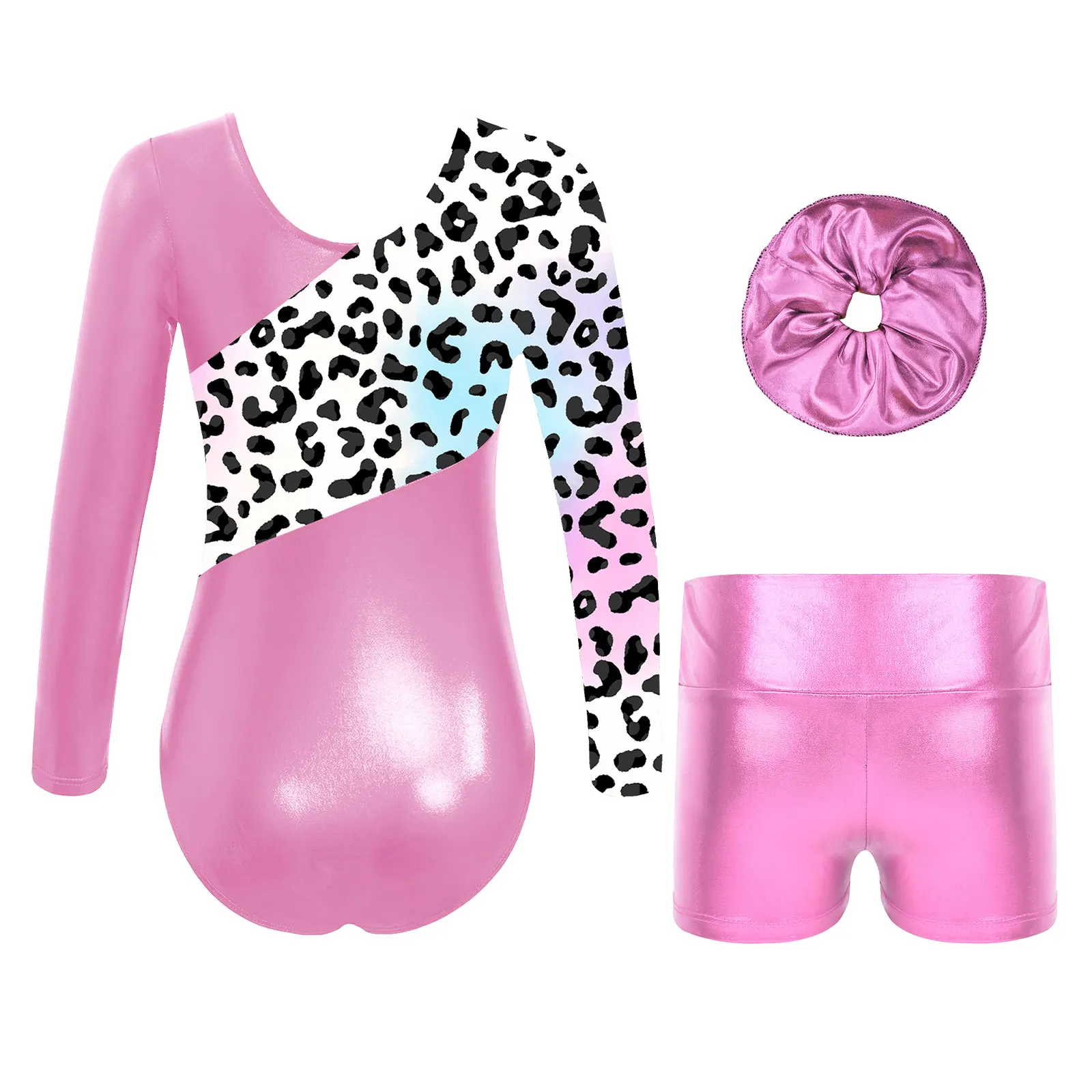 Kids Girls Rhythmic Gymnastics Jumpsuit Skating Leotard Long Sleeve Printed Ballet Leotard Metallic Shorts Performance Outfit