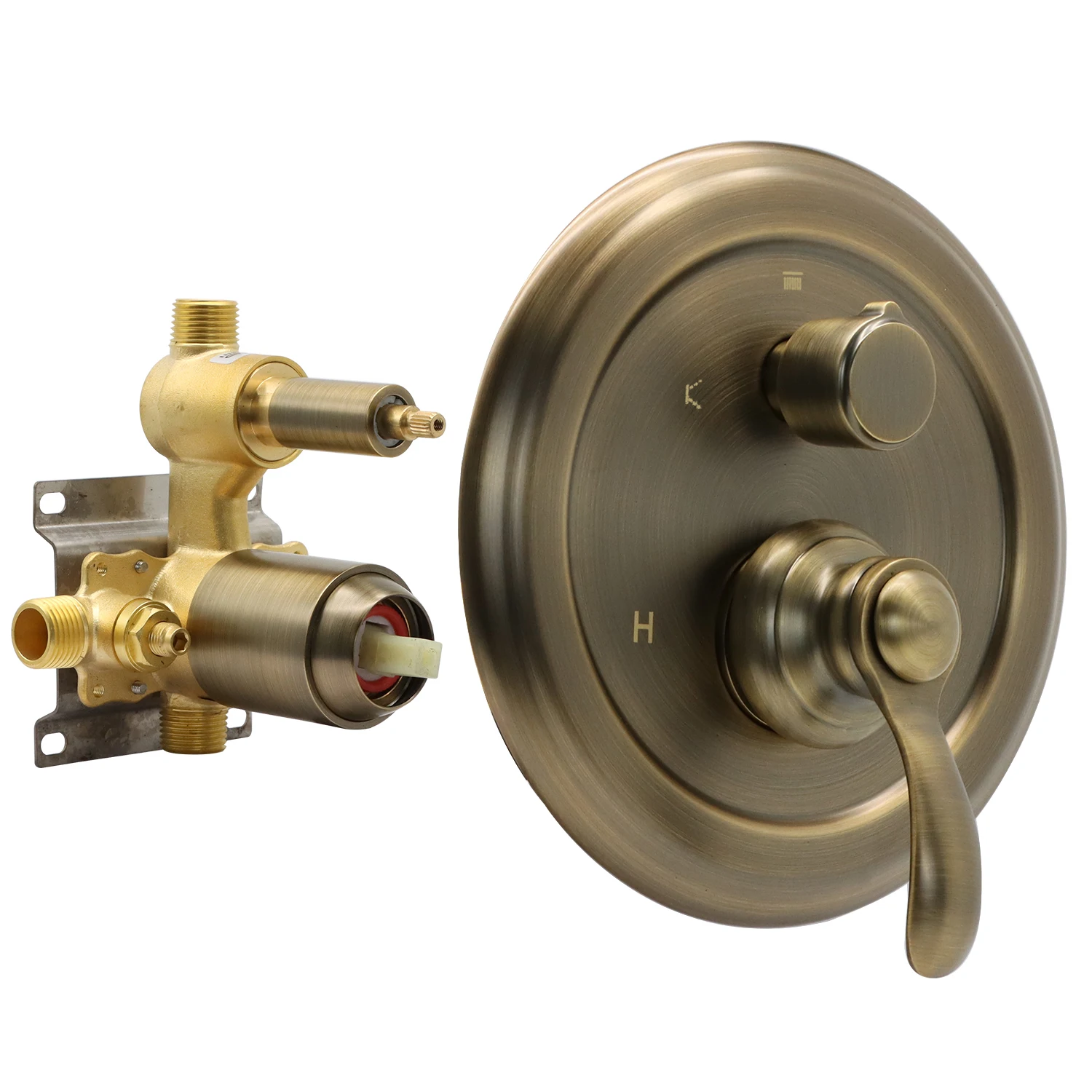 Antique Brass 3-Way Shower Diverter Valve Replacement, Pressure Balancing Hidden 3 Outlet Multi Function Mixer Solid Brass Valve