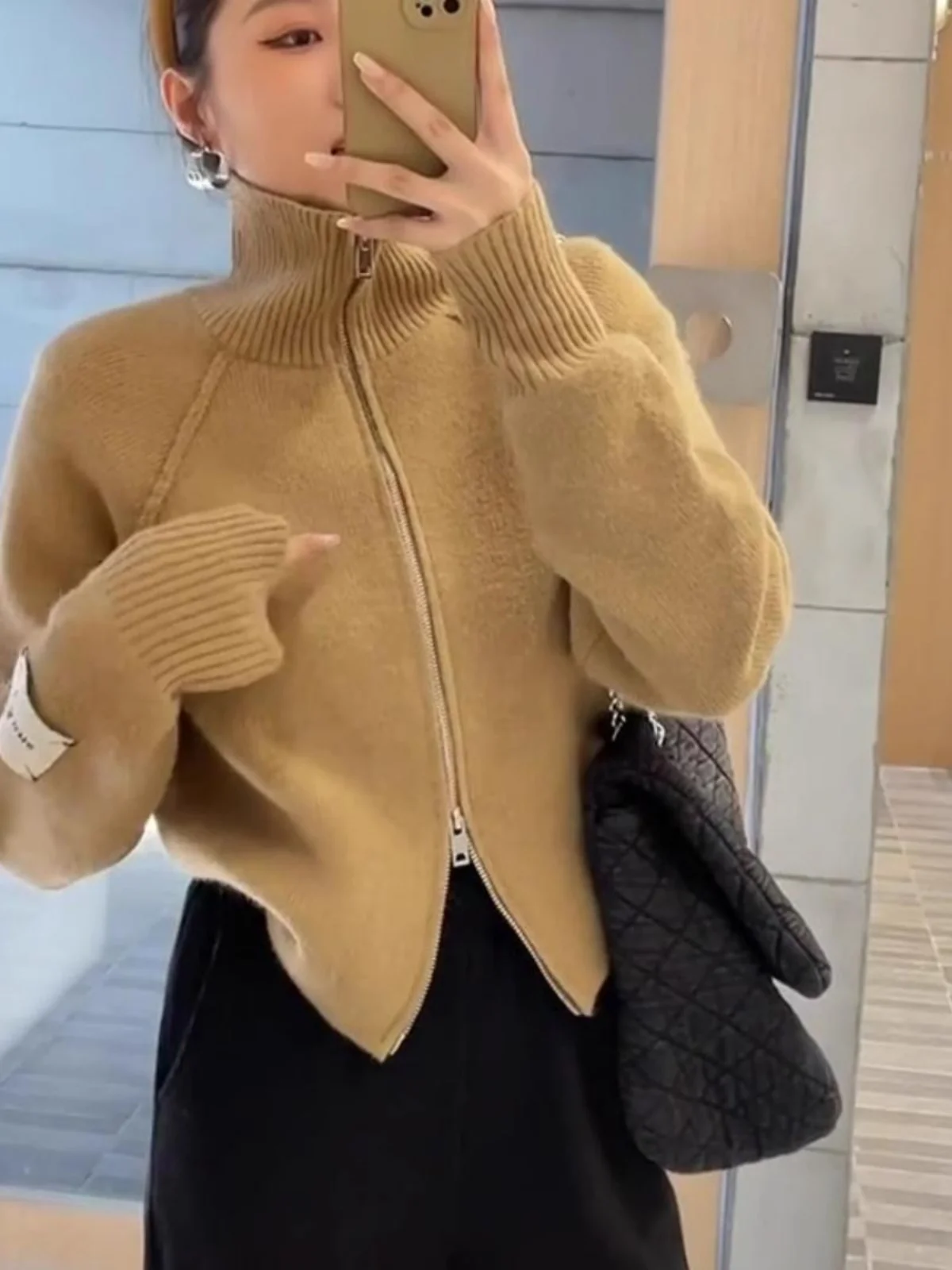 Klein синий вязаный открытый кардиган женский свободный крой осень-зима однотонный длинный све на молнии Jaet корейский Sle для поездок на работу