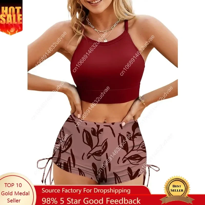 Herseas Damen-Badeanzüge mit Blumenmuster, Kordelzug, Boyshorts, Criss-Cross-Top, Bikini-Sets, hoch taillierte zweiteilige Badeanzüge