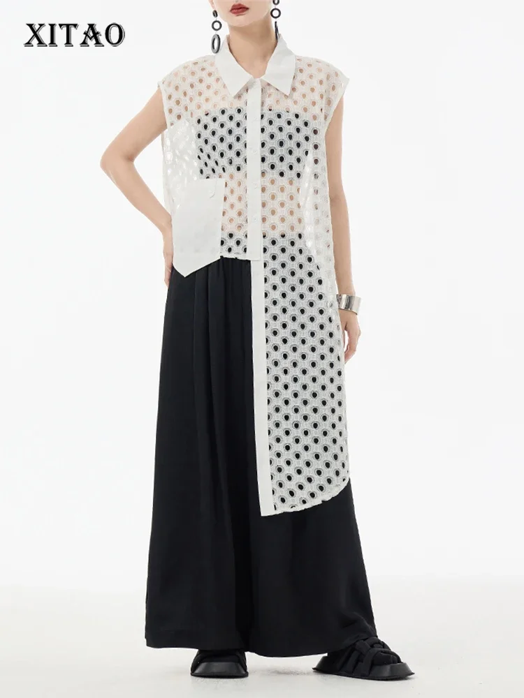 

XITAO Asymmetrical Sleeveless Shirt Hollow Out Perspective Personality Women Top 2025 Summer New Solid Color Shirt WLD20138